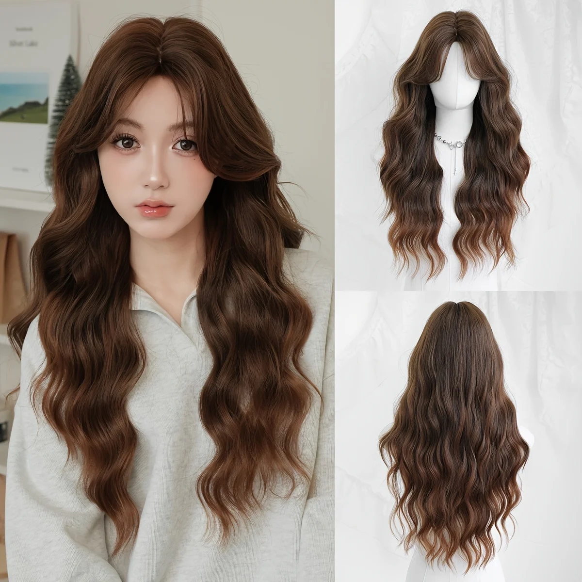 

Рутинные парики Длинные волны воды Ombre Карамельно-коричневые парики с челкой на занавеске Средняя часть Синтетические парики высокой плотности для женщин на каждый день