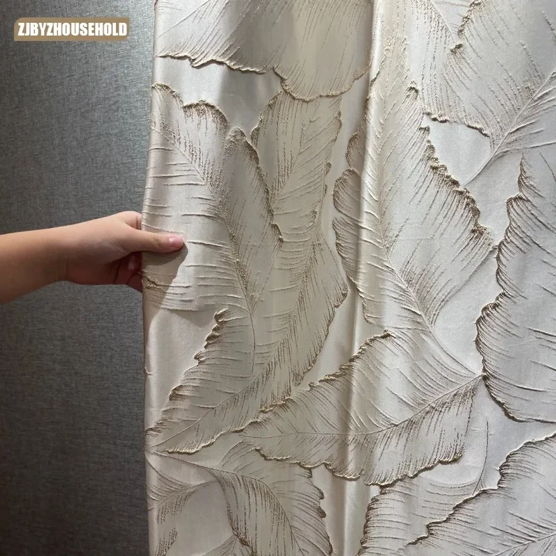 

Golden Beige Embossed Three-dimensional Gold Silk Leaves Modern Light Luxury Curtains for Living Dining Room Bedroom customize