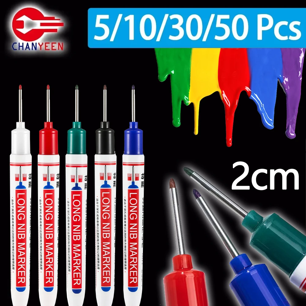 5-50Pcs 2cm Waterproof Long Head Markers Deep Hole Marker Pen White/Red/Black/Blue/Green for Metal Carpenter Woodworking Tools