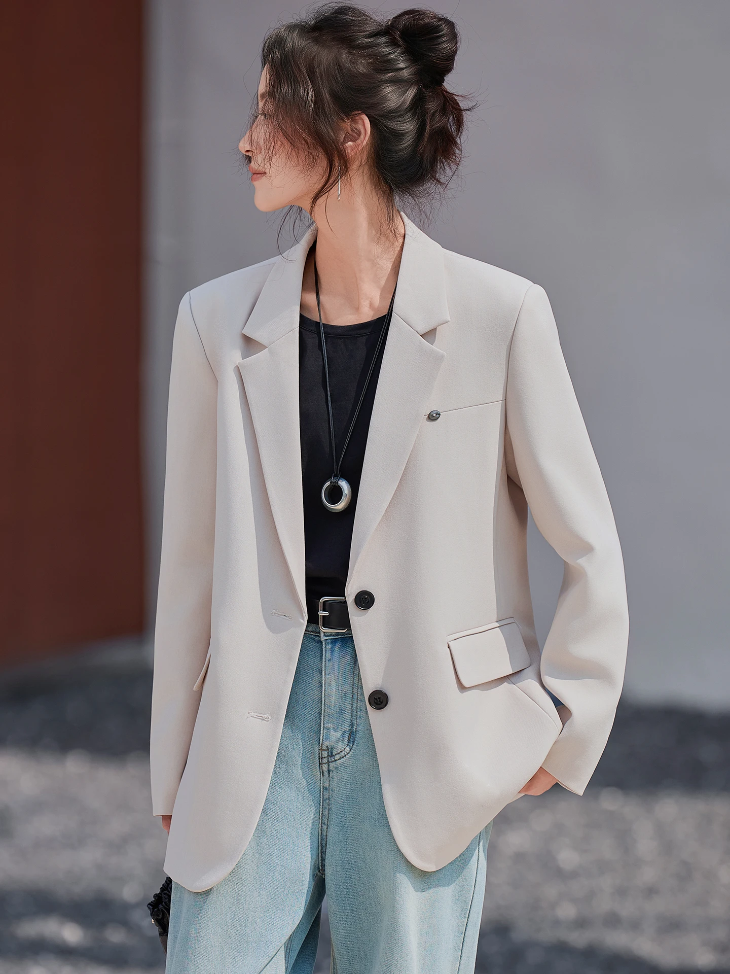 

Milk White Women's Suit Jacket Loose Fit Casual High-End Feel Spring Autumn Korean Style Button up Long Sleeve Formal Top