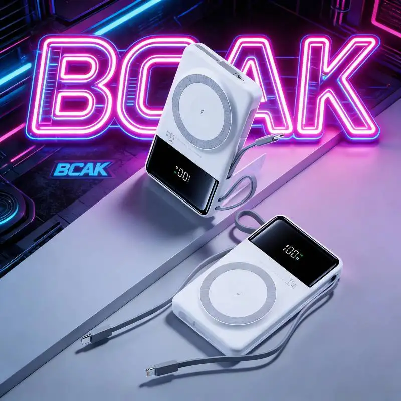 BCAK Magnetic Power Bank 20000mAh Compact Portable with Built in Charging Cable PD 35W Fast Charging Wireless for Smart Phones