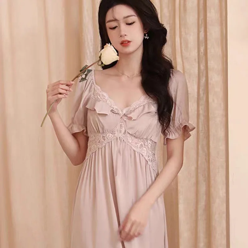 Women\'s Sexy Square Neck Long Nightgown Silk Satin Home Dress Lace Edge Solid Color Chemise Nightdress Loose Casual Sleepwear