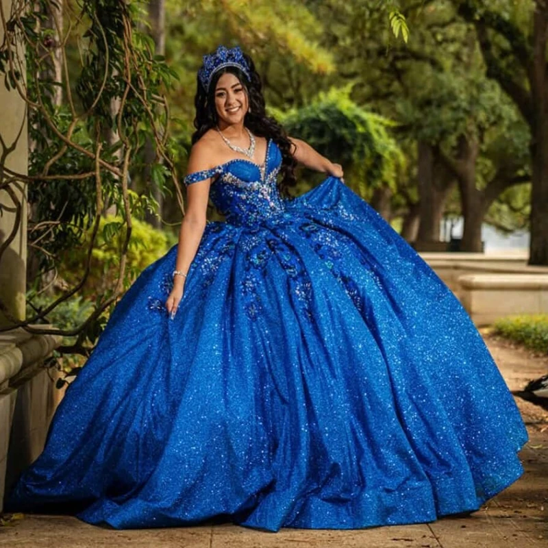 

Королевские синие блестящие платья Quinceanera с открытыми плечами, аппликация, кружево, бисер, тюль, корсет, вечерние, день рождения, милое платье 16, Vestidos