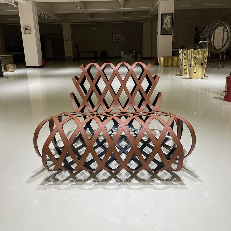 Stainless Steel Hollow Single Leisure Chair Sales Office Light Luxury Art Saddle Leather Recliner Sofa Chair Furniture