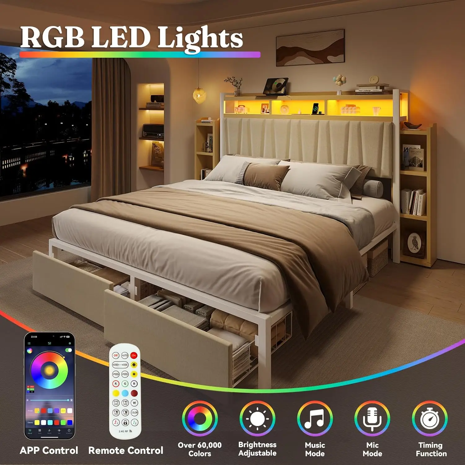King Bed Frame Storage Drawers LED Headboard Movable Cabinets Platform Bed Charging Station Beige, Customized