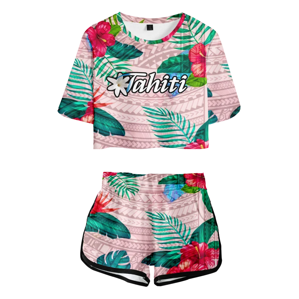 Tahiti Country Leaves Flower Ribal Culture Fashion T-Shirt Sets Women Summer Sexy Cute Tshirt Shorts Suit Stripe Print Suits