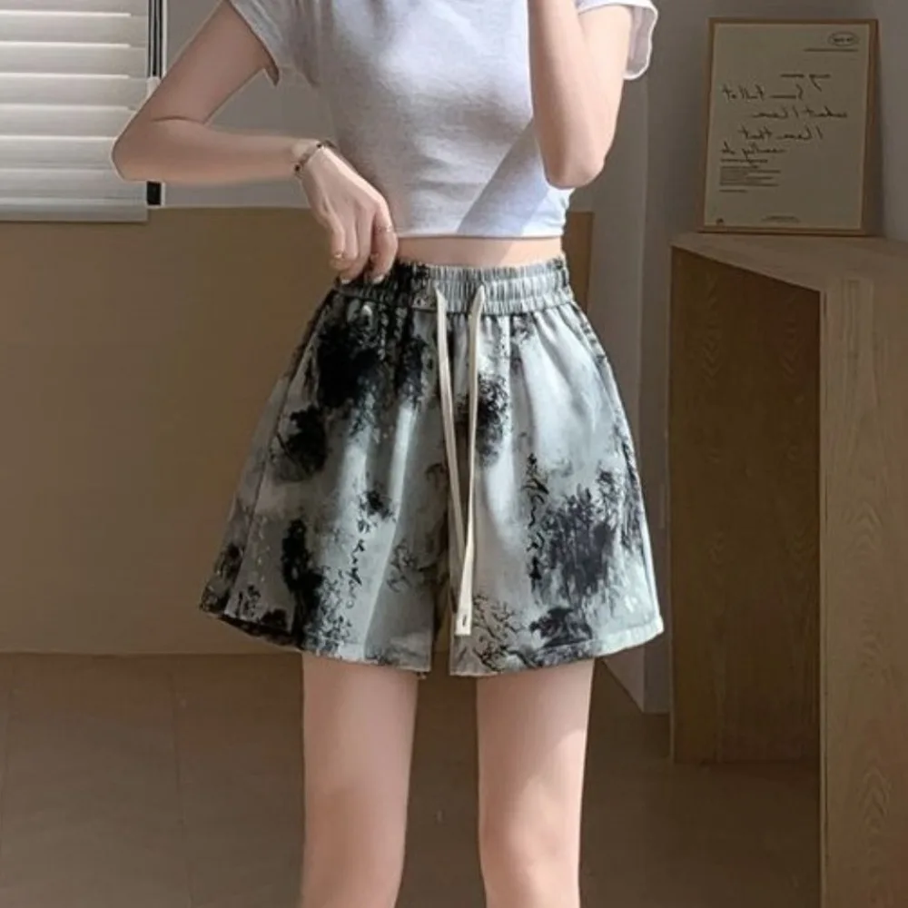 

Vintage Loose Beach Short Pants Thin Ink Painting Quick Dry Shorts Drawstring High Waist Surf Pants Women