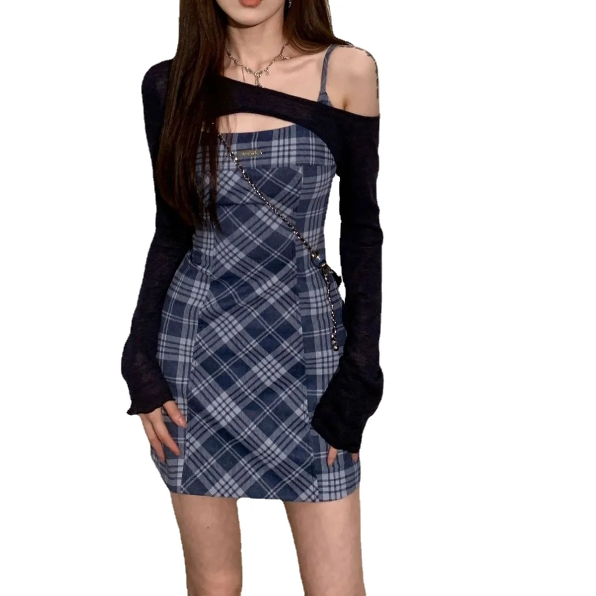 Plaid Halter Dress Female Summer New Sweet and Spicy Thin A-line Package Hip Short Skirt + Smock Women Two-piece Set