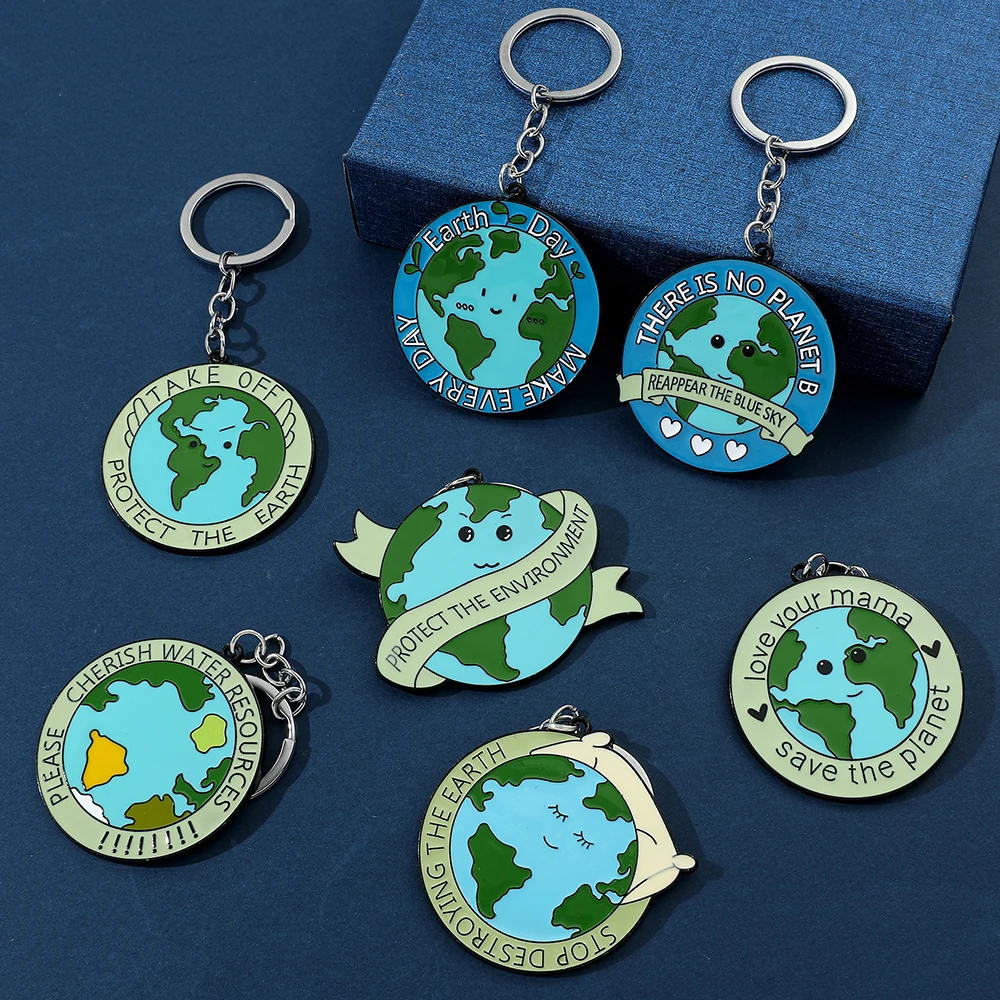 Protect Planet Environment Pendant Keychains Stop Destroying the Earth Metal Keyring Public Welfare Jewelry Gift for Friends