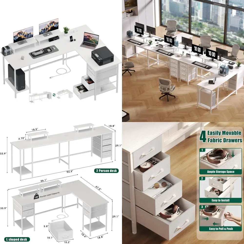 Large Corner Computer Desk 66 L-Shaped with 94.4 Work Area, 4 Adjustable Drawers, 2 Monitor Stands, and Power Outlets for Home O