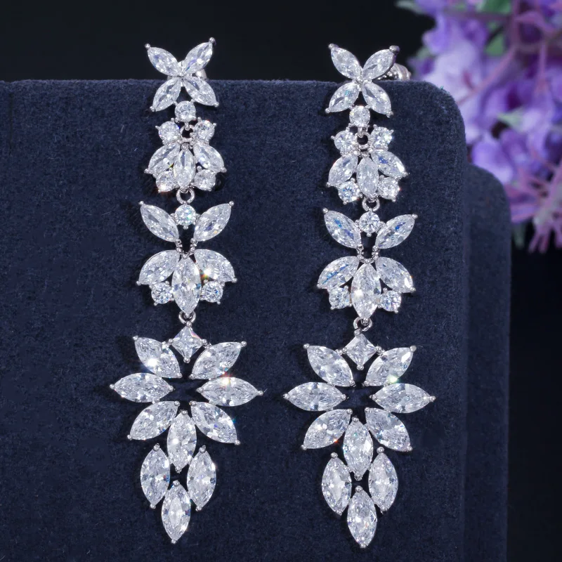 

ThreeGraces Elegant Marquise Cubic Zirconia White Gold Color Long Leaf Dangle Earrings for Women Bridal Wedding Jewelry E1776