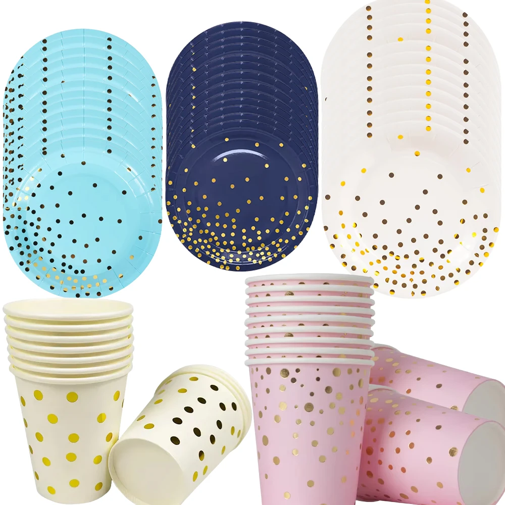 Rosa Blau Schwarz Gold Polka Dots Partydekorationen Einweggeschirr Set Pappteller Tassen für Geburtstag Hochzeit Partyzubehör
