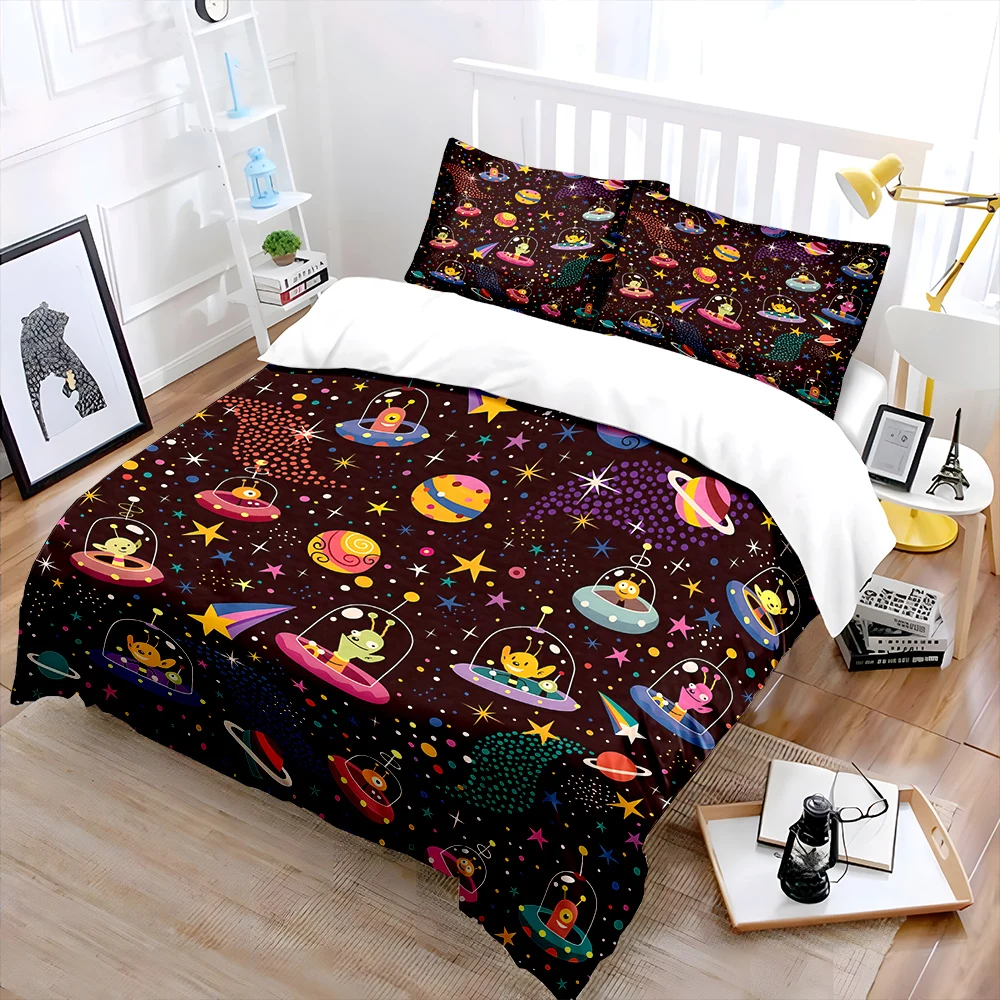 Cartoon aliens spaceships and cosmic planets Print Bedding Set 1 Duvet Cover 2 Pillowcases for Adult and Children Luxury Gift