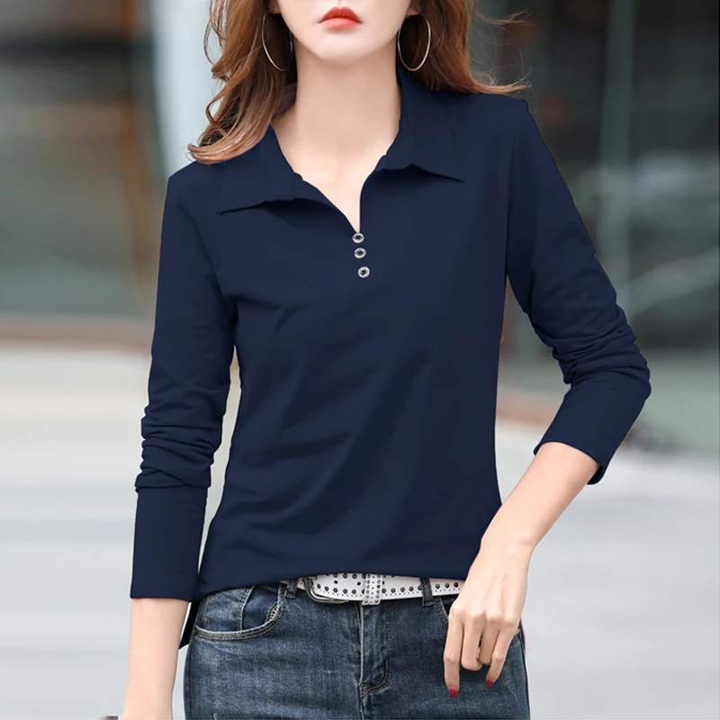 HI-FASHION Cotton T Shirt Office Woman Spring Casual Long Sleeve Lapel T-shirt Autumn Loose Korean Style Plus Size Female Shirts