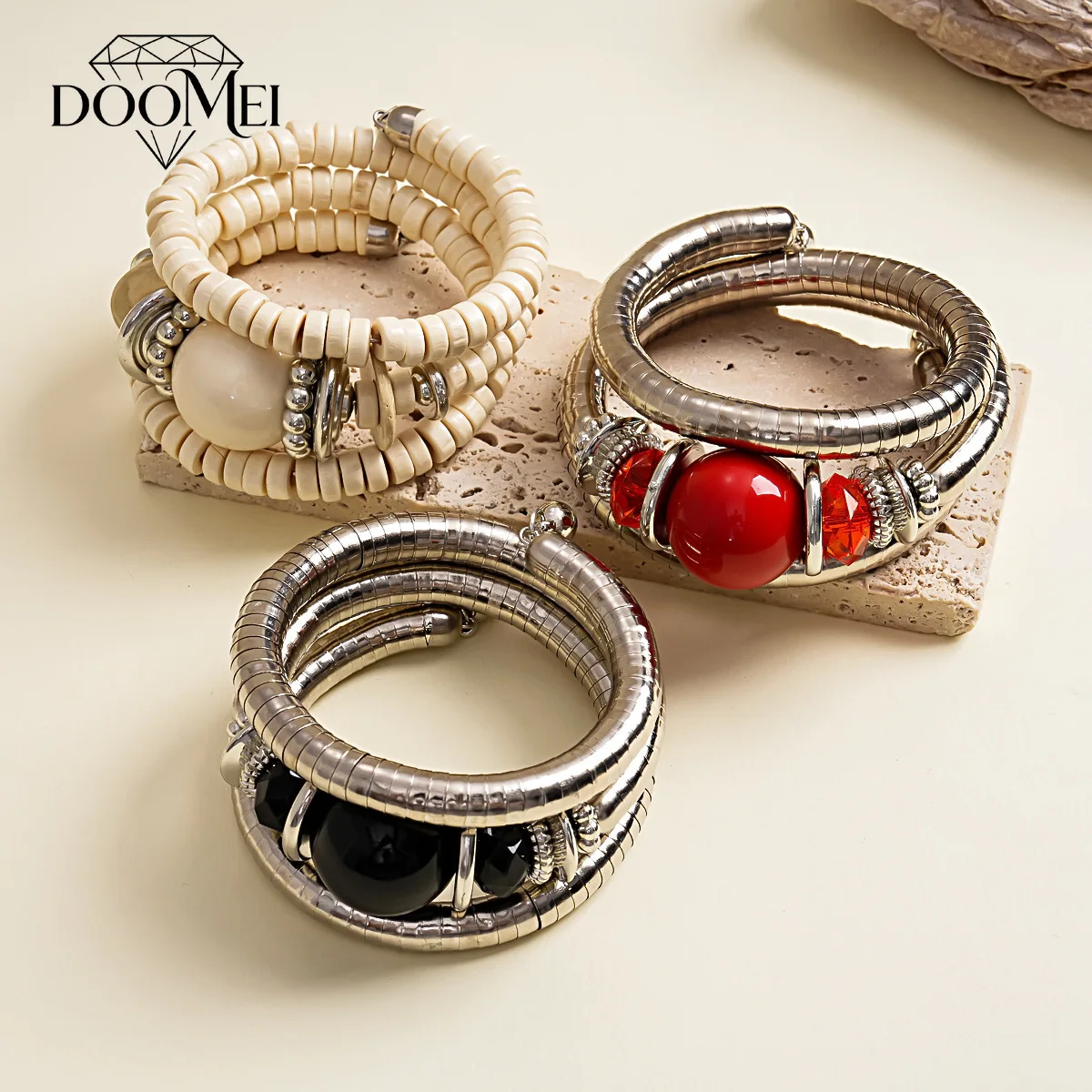 DOO MEI Boho Multi Layer Stackable Beaded Bracelet Set for Women Silver Tone Metal Statement Daily Holiday Party Fashion Jewelry