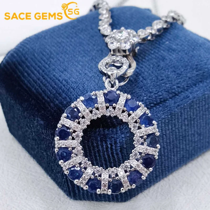 SACE GEMS New Trend 925 Sterling Silver Raw 3MM Sapphire Pendant Necklace for Women Engagement Cocktail Party Fine Jewelr