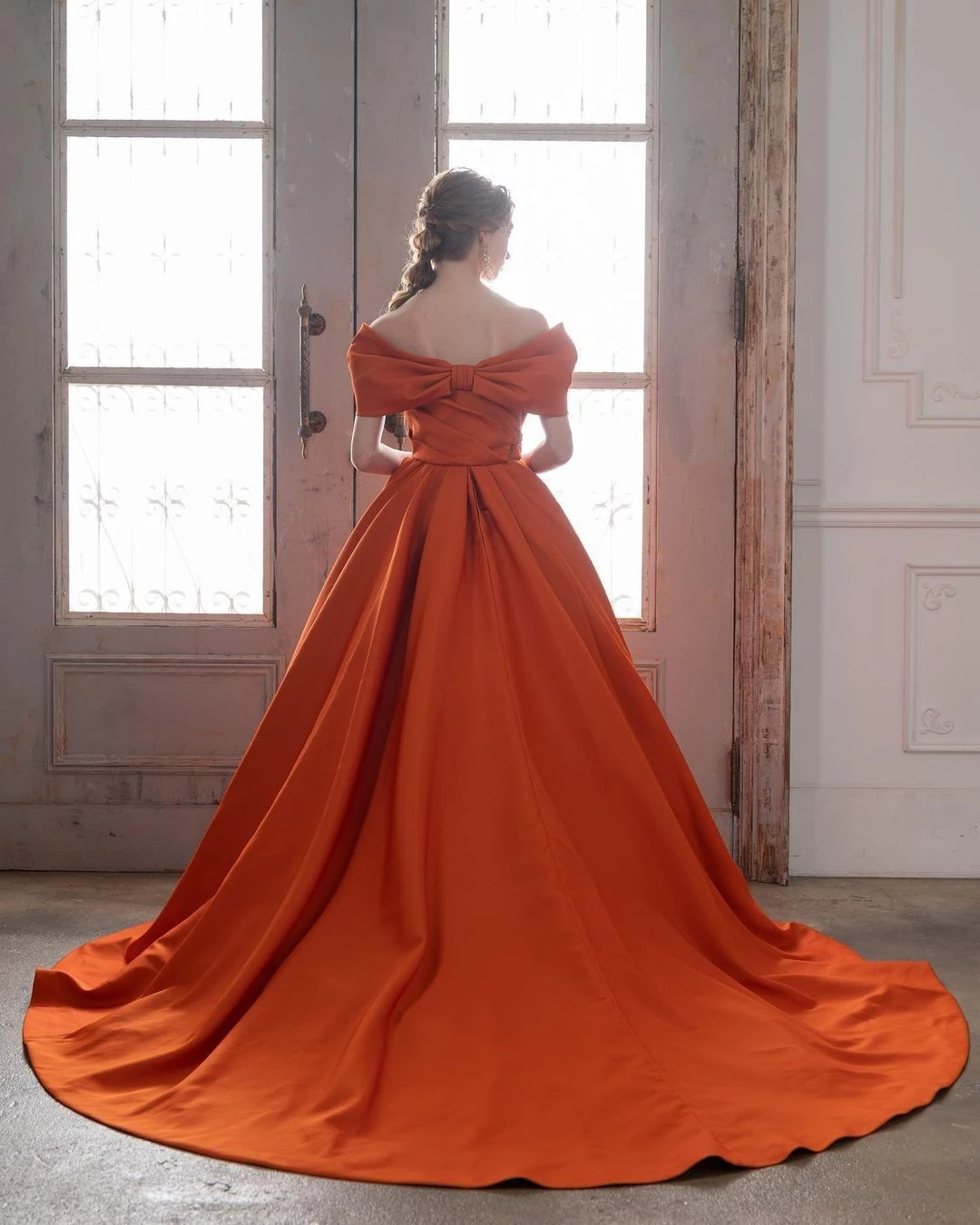 Customized Orange Prom Dress 2024 Off the Shoulder Satin Long Party Dresses Cap Sleeve Cheap Wedding Guest Formal Evening Dress