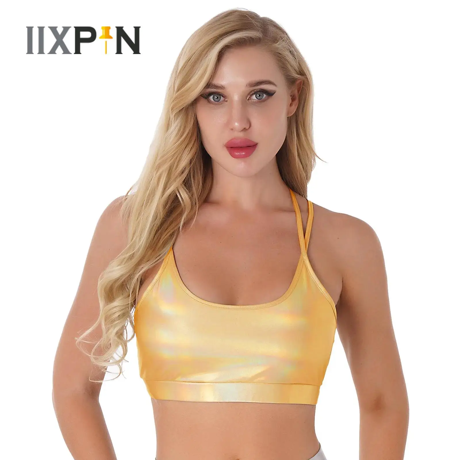 

Women Bras Vest Tops Clubwear Summer Shiny Metallic Strappy Back Open Back Removable Pads Gym Yoga Workout Sports Tank Crop Top