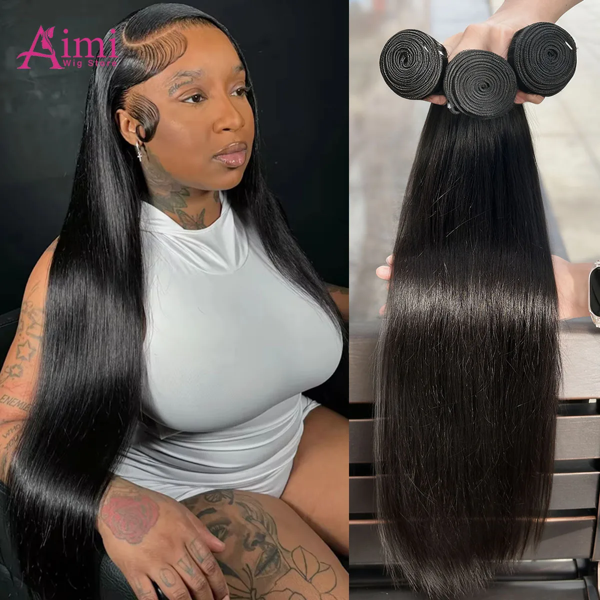 30インチ ブラック ボーンストレート 人毛束 16A 未加工 ブラジル産原毛 エクステ ウィーブ 3～4束 ヘアエクステ