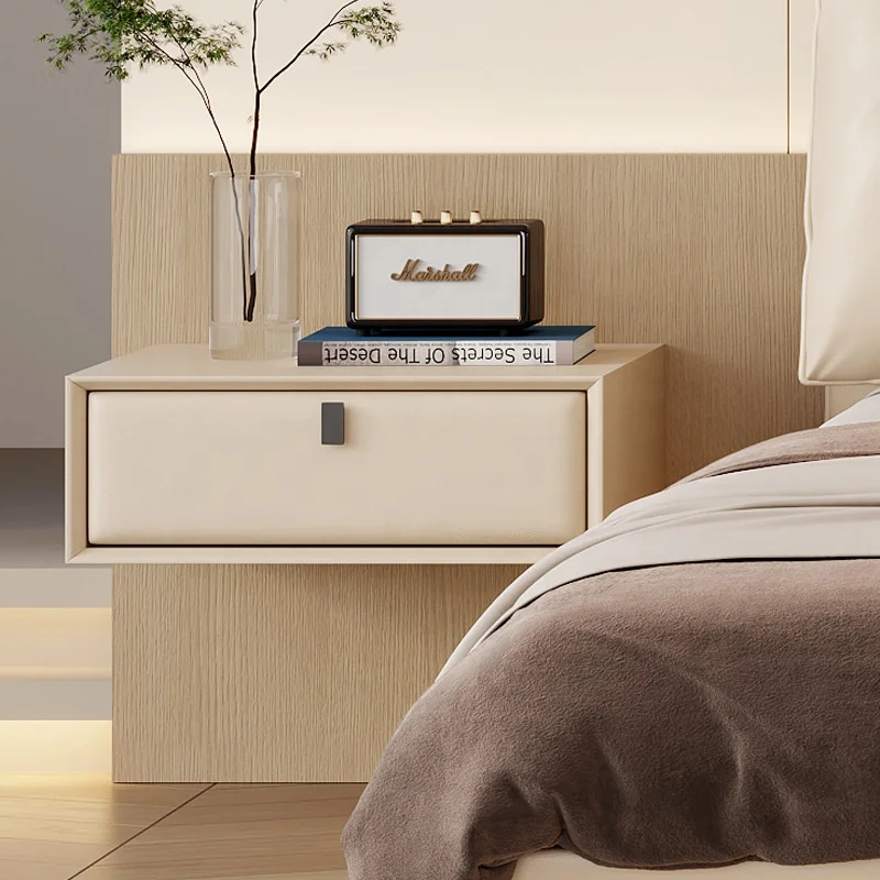 #Floating Bedside Table All Solid Wood Storage Cabinet Italian Minimalist Leather Nightstand For Nordic Small Apartment Bedroom