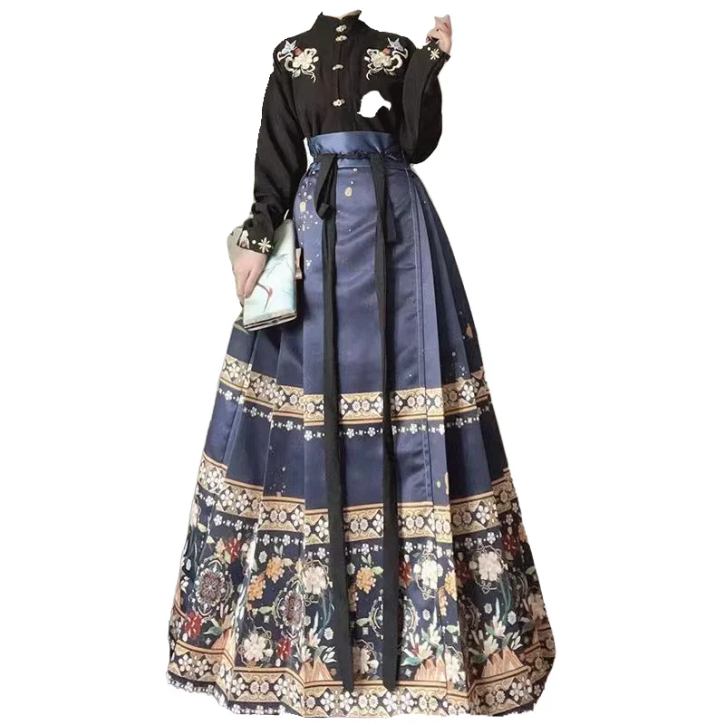 Vintage Hanfu Horse Face Skirt Women Chinese Traditional Hanfu Stand Collar Cardigan Shirt Red Blue Black Pleats Skirt MaMian