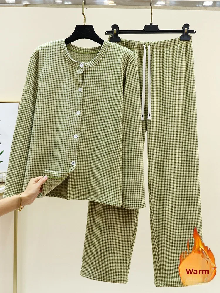 Double-Sided Fleece Home Clothes Set Women's Winter Thickened Plush Home Open Cardigan Long Pants Checkered Nightgown Two-Pie...