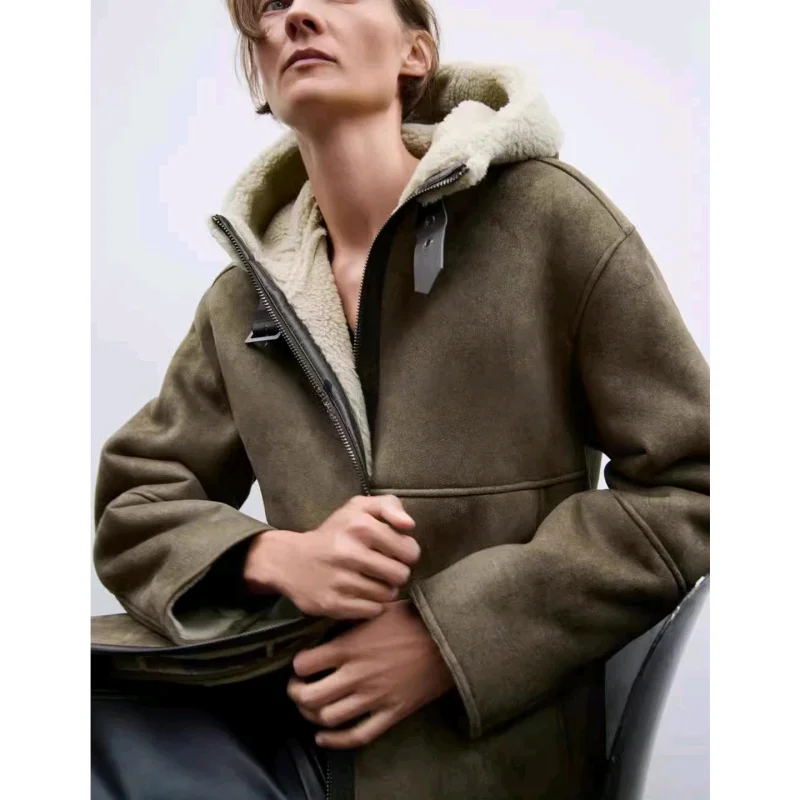 

mat Winter Women's Jaet Double-Sided Fur Leather Zipper Hood Long Sve Outerwear Relaxed Fit Non-Removable Hood Po...