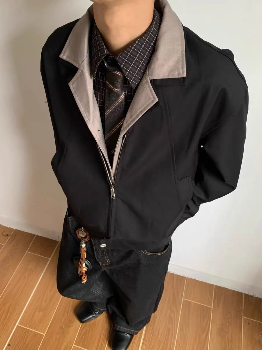 

Мужская повседневная свободная куртка-бомбер в стиле ретро с цветными блоками, универсальная, молодежная, на молнии, с длинными рукавами