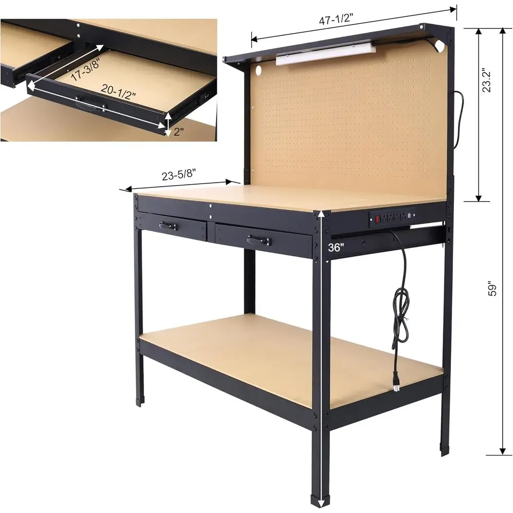 Sturdy Steel Workbench with Power Outlet, USB Ports, LED Lights, and Storage for Heavy-Duty Use