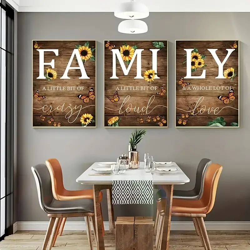 3 Panel Family Sunflower Butterfly Canvas Painting Wall Art Wall Decor Inspirational Rustic Posters for Living Room Decoration