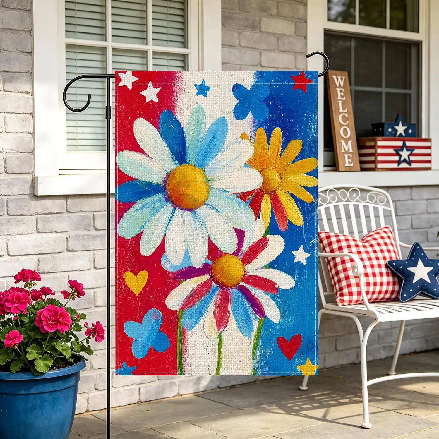 Colorful Daisy Garden Flag 12x18 Inch, Double Sided Spring Summer Outdoor Yard Flag, Patriotic Red White Blue Floral Welcome yyi