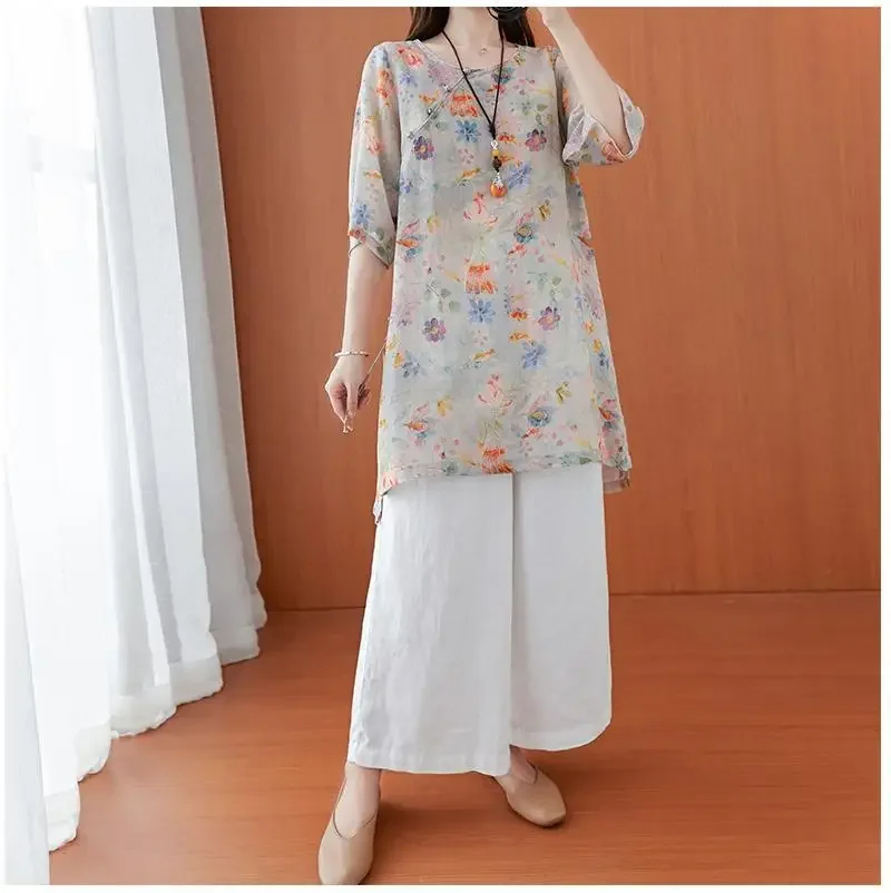 Chinese Style Modified Hanfu Printed Thin Soft Top Women Retro Buttoned O-Neck Slanted Placket Casual Loose Midi Artistic Shirt