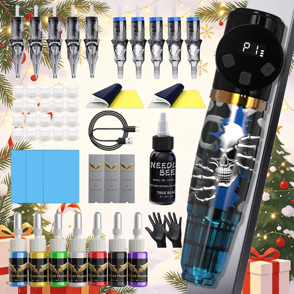 Skull Pattern Cordless Rotary Tattoo Pen Kit Digital Display Complete Tattoo Starter Set