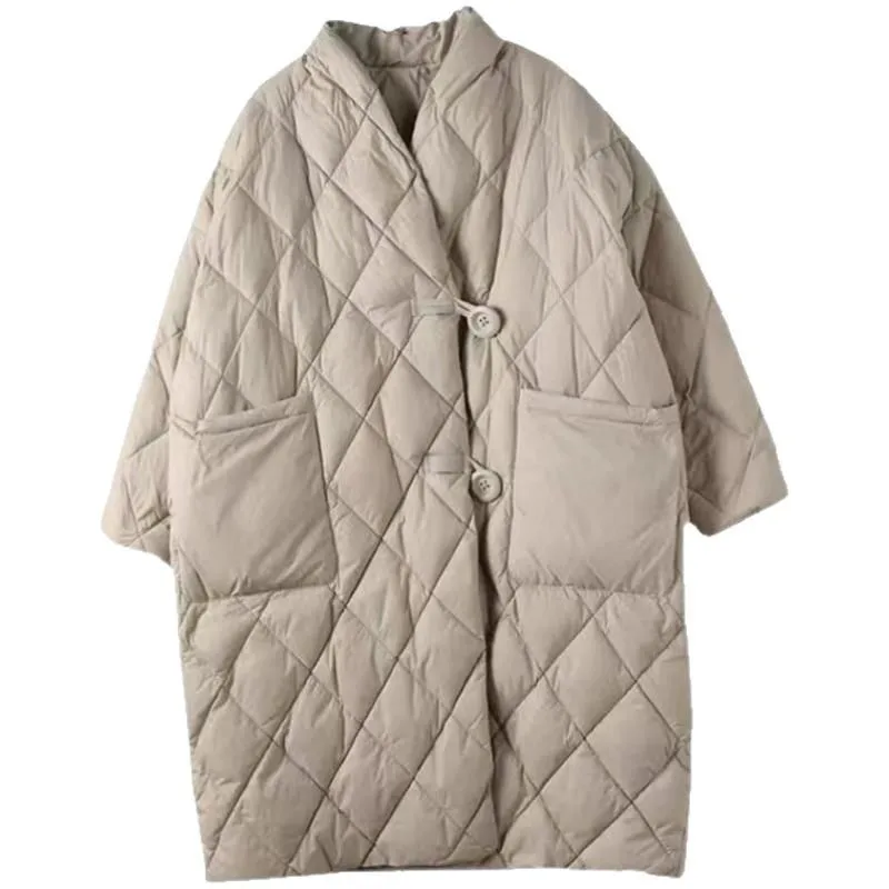 Autumn and Winter Loose Artistic Stand Up Collar Pure Color Pressed Line Grid Medium Long Thin Warm Cotton Jacket Women Clothing