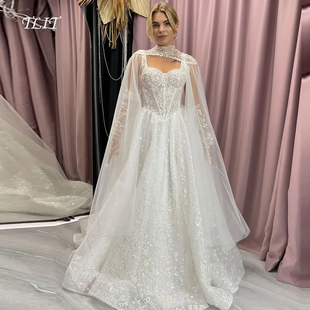 

TLIT Luxurious Lace A-Line Wedding Dresses Customized Strapless فساتين زفاف Spaghetti Strap with Jacket Bridal Gowns