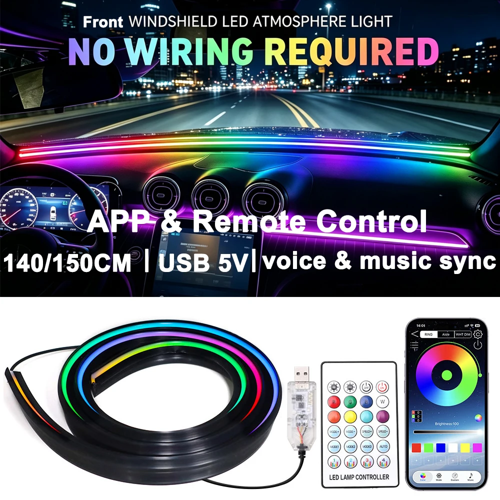 140/150CM Car Windshield Silicone Seal Strip RGB LED Hidden Interior Symphony Ambient Lamp USB 5V APP Remote Control Universal
