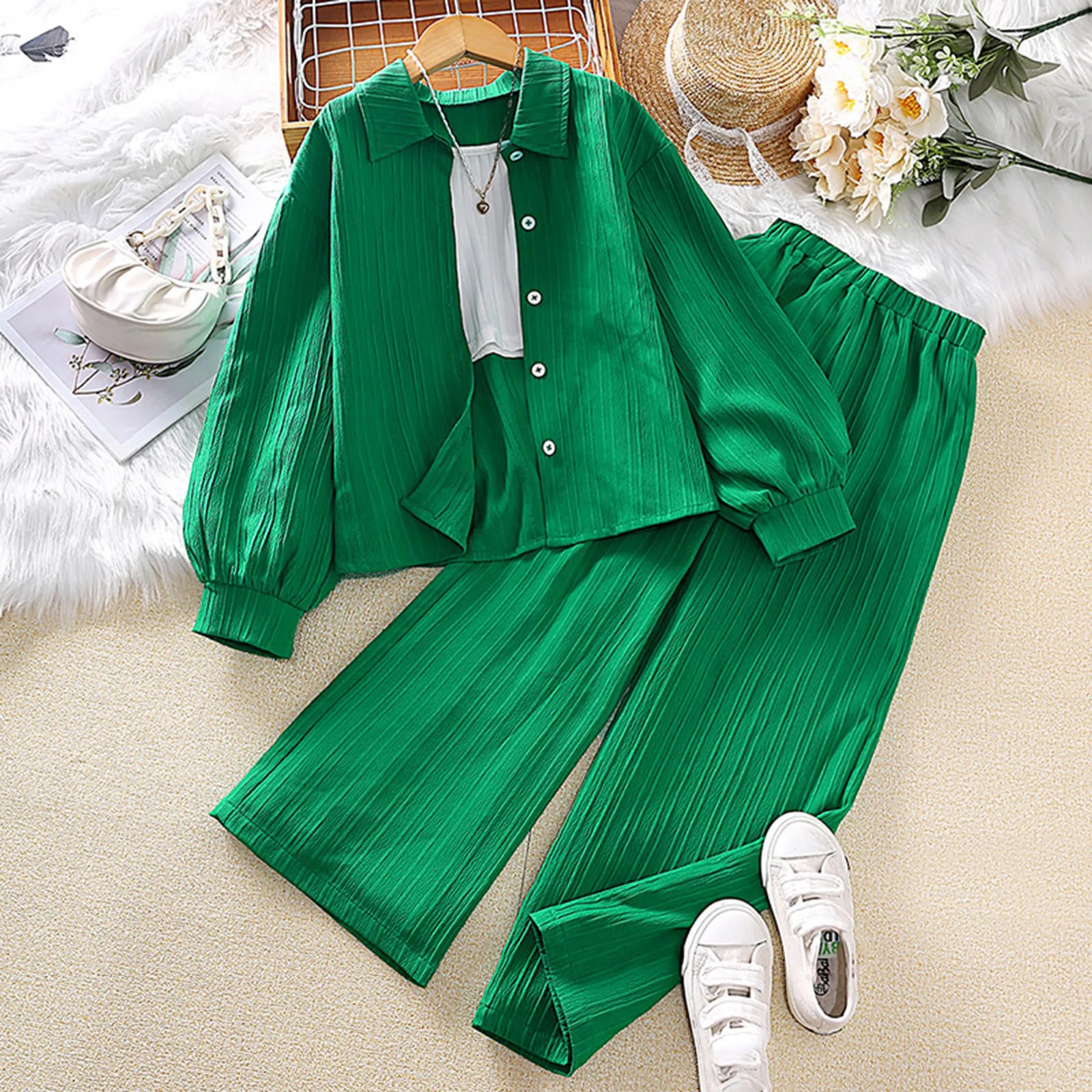 Kids Girls Autumn Long Sleeve Clothes Sets Green Tops+Pants 2PCS Outfits Clothes For Girls 8 10 11 12 Years Old Children Clothes