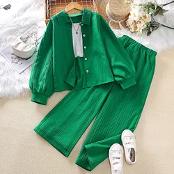 Kids Girls Autumn Long Sleeve Clothes Sets Green Tops+Pants 2PCS Outfits Clothes For Girls 8 10 11 12 Years Old Children Clothes