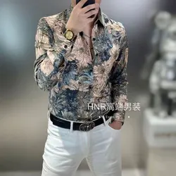 2024 Elegant Fashion Harajuku Slim Fit All Match Shirt Square Neck Printed Button Long Sleeve Outerwear Loose Sport Ropa Hombre