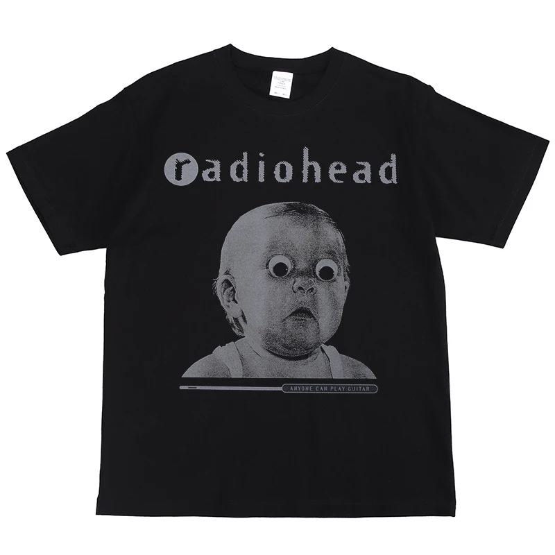 

Radiohead Radiohead Rock Band Digital Print American Street Hip Hop Vintage Black Short Sleeve T-Shirt Vintage Alphabet Pattern