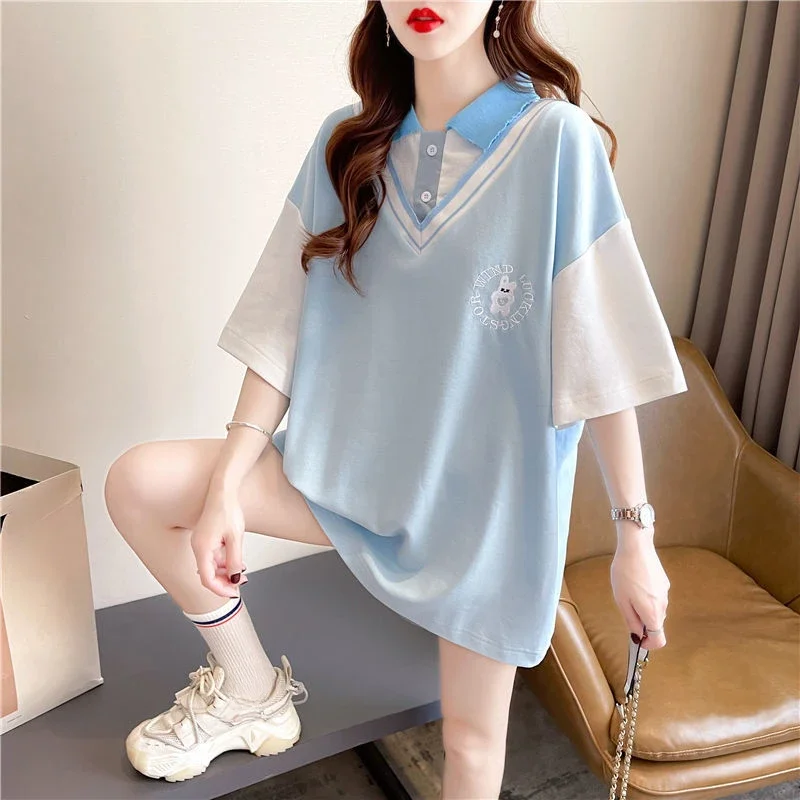 Y2k أزياء الصيف الزي قصيرة الأكمام فضفاضة الرقبة تي شيرت للنساء الكورية نمط الملابس الجديدة الجمالية امرأة زر التي شيرت #5