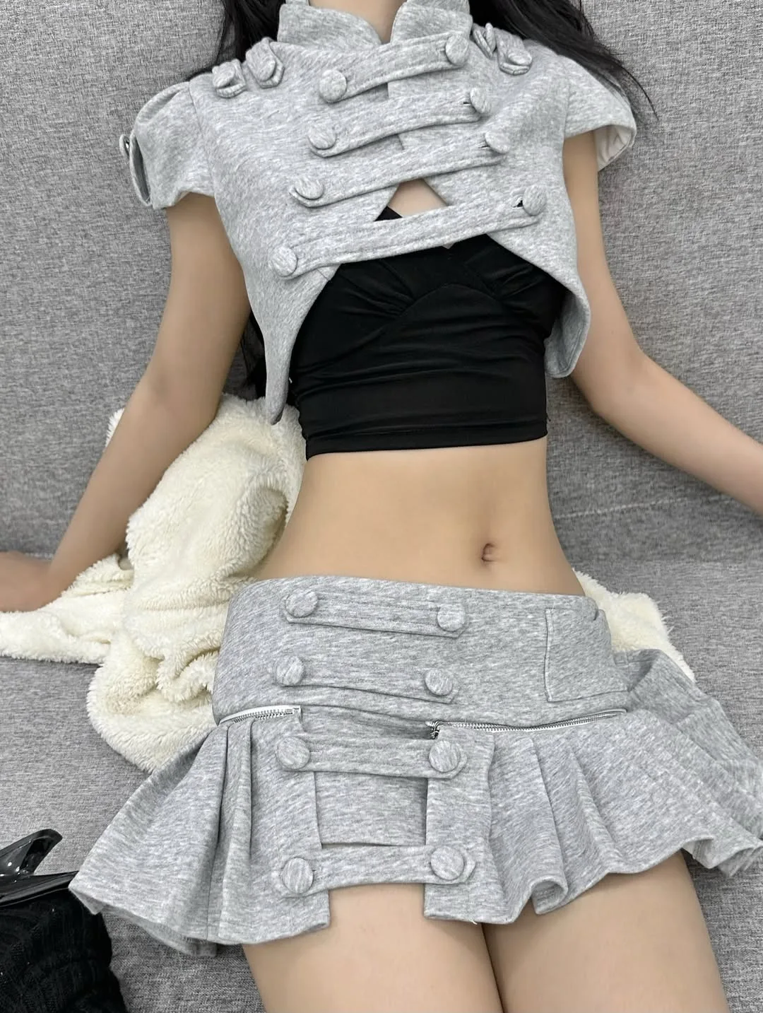 Retro Slim Fit Sexy Two Piece Set Neo Command Jacket Low Waist Hot Shorts Cotton Knitt Set Fashion Design Punk  Woman Streetwear