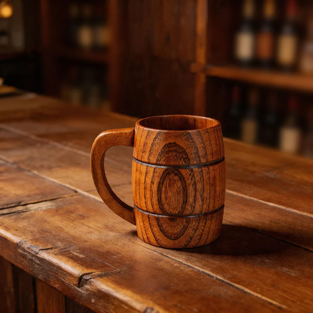 380ml Wooden Beer Tankard Made of Solid Jujube Wood Rustic Appearance with Firmly Connected Handle for Consistent Use