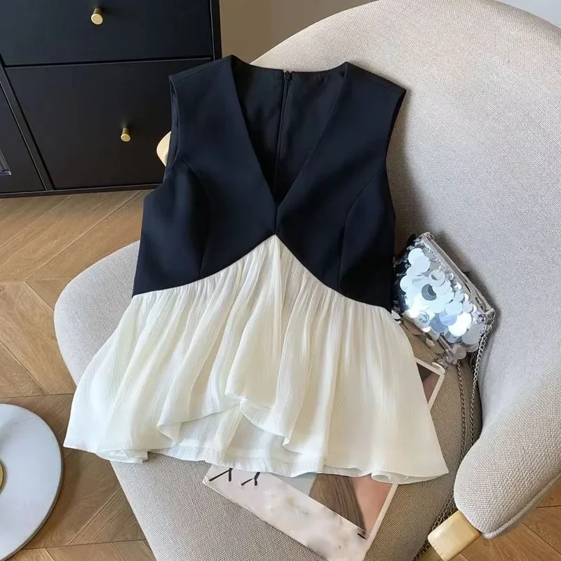 

Модный черно-белый лоскутный жилет для женщин, новинка лета 202, универсальный топ на бретелях Y2k, облегающие белые топы без рукавов Mujer