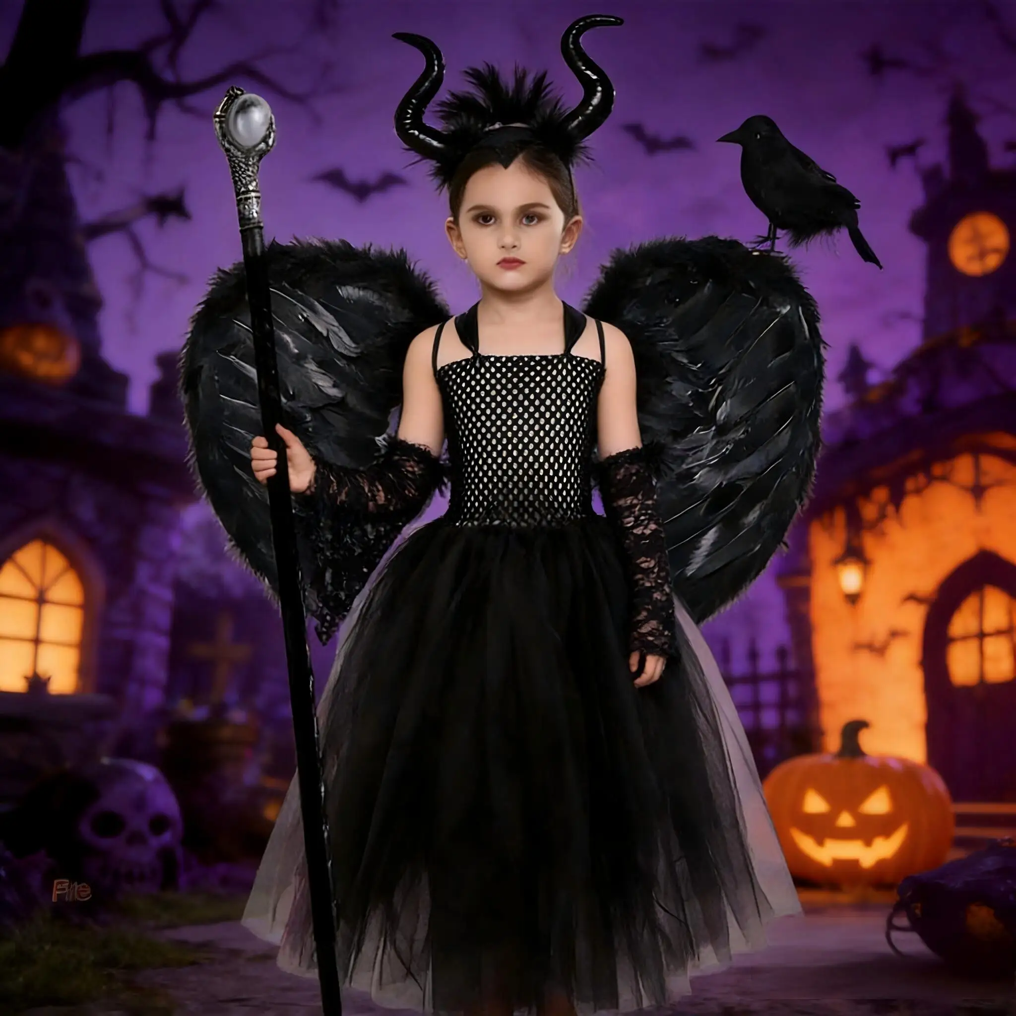 Girls Dark Evil Queen Black Tulle Dress Kids Witch Devil Cosplay Outfit Halloween Carnival Princess Dress Up Costume