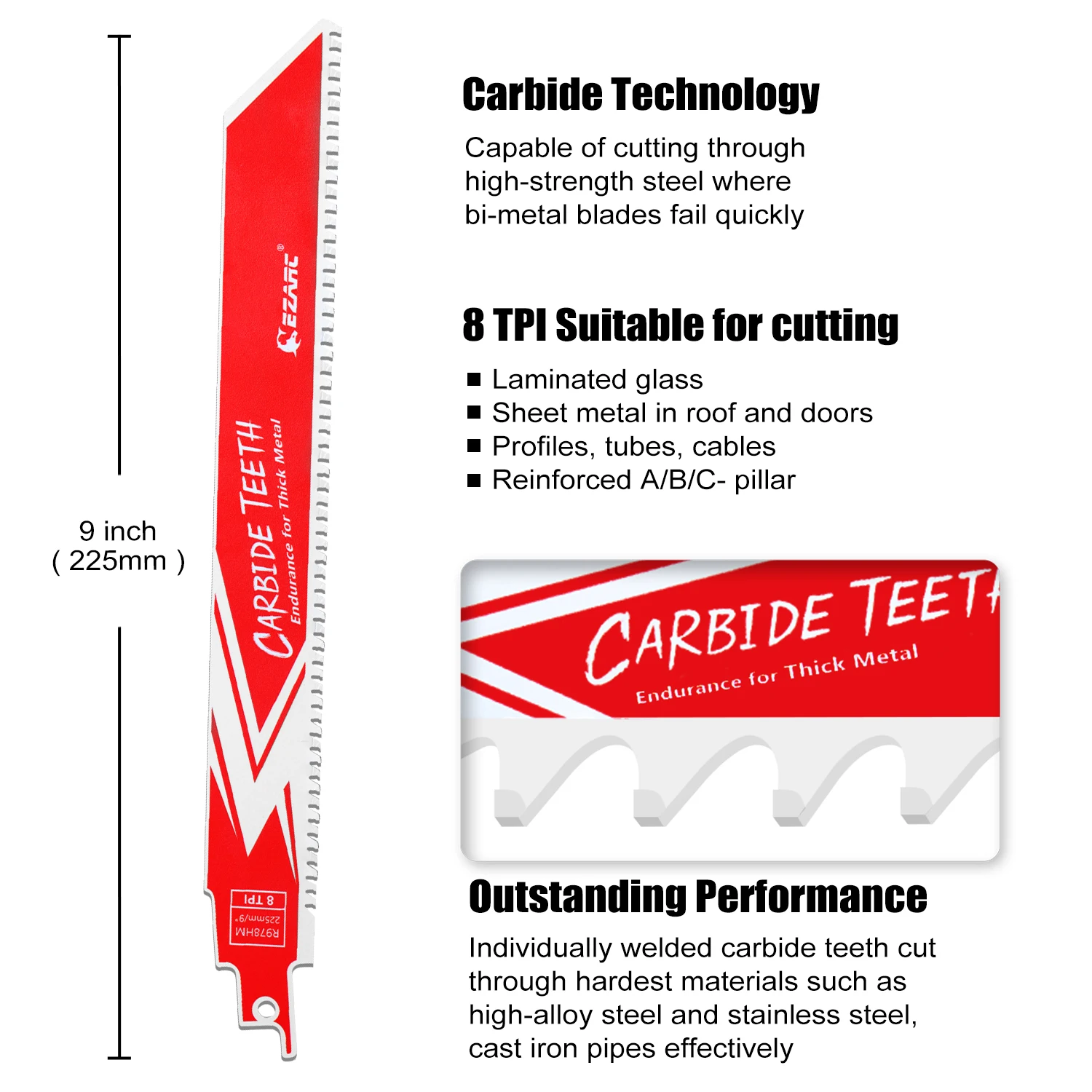 EZARC 225mm(9-Zoll) Hartmetall Kolben Sägeblatt R978HM Ausdauer für Dicke Metall, gusseisen, Legierung Stahl 8TPI 1/2/3 stücke