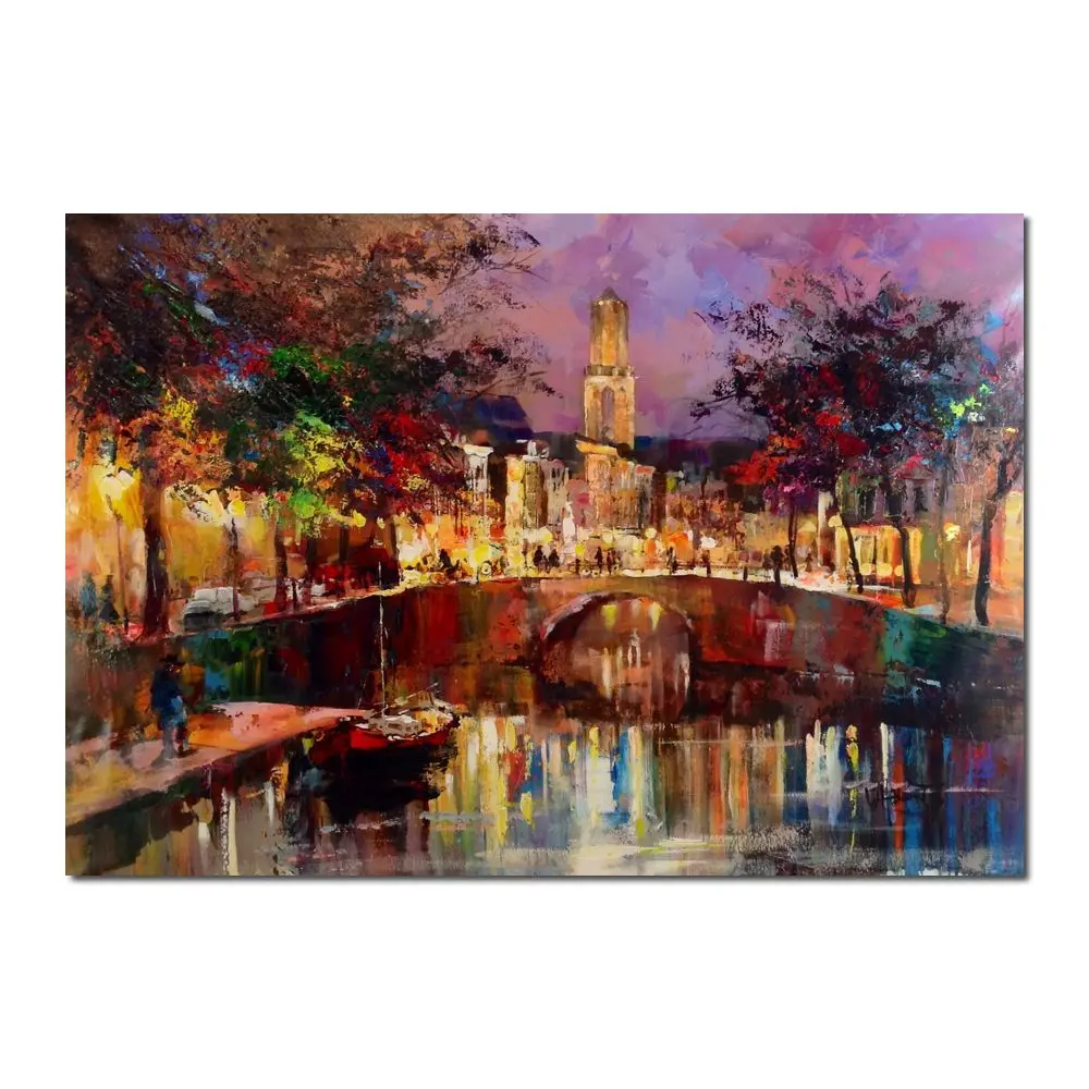 

Contemporary Landscape Canvas Art Canal in Utrecht Handmade Cityscape Painting Amsterdam Street Artwork Family Room Decor Large