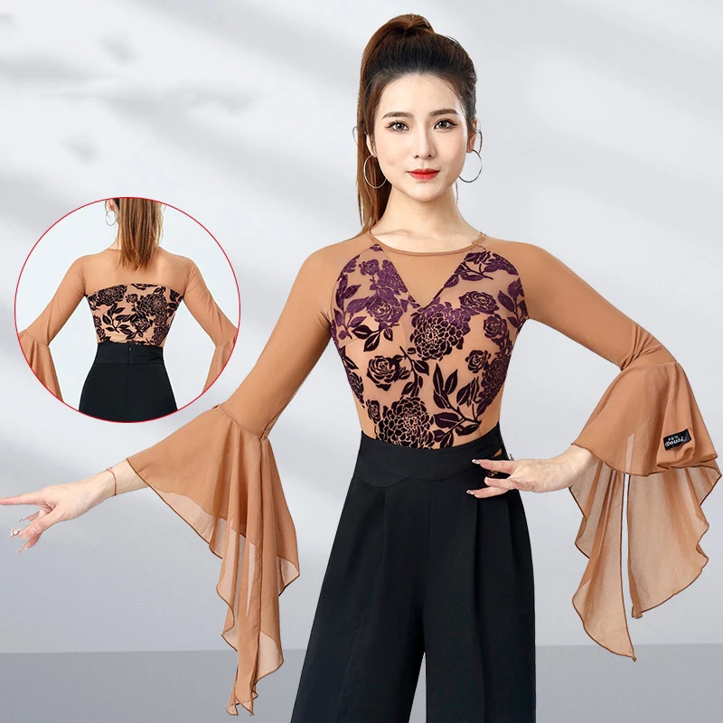 

Ballroom Dance Modern Dance Top Women'S Print Long Sleeve Mesh Jumpsuit Chacha Rumba Tango Dress Latin Dance Costumes DN20656