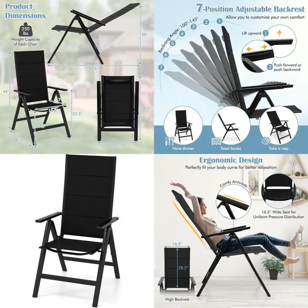 

Регулируемое кресло-шезлонг для улицы с мягким сиденьем, подлокотниками и переносным ремнем для патио, бассейна или кемпинга (черное)