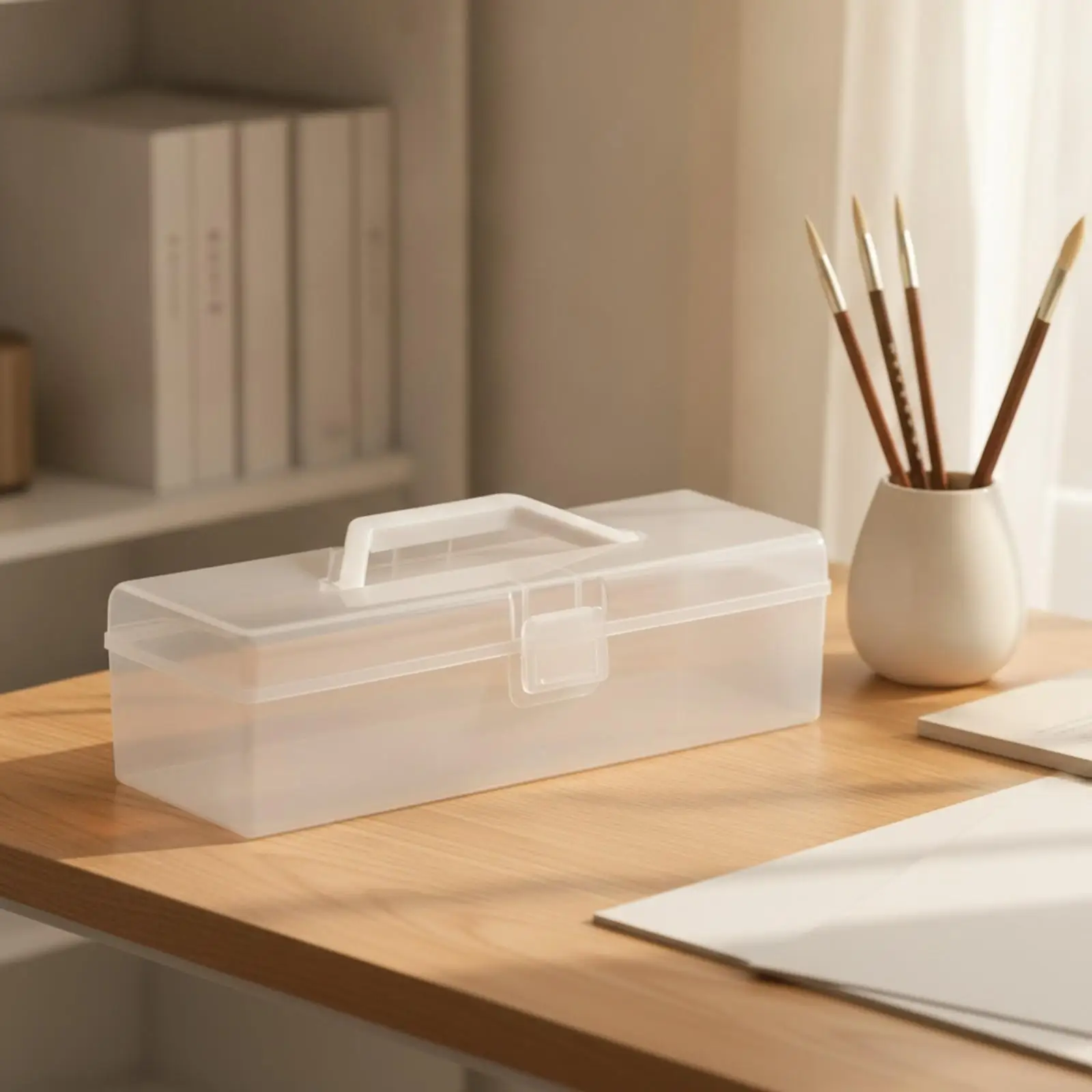 Hinged Lid Storage Container for Handwriting Instruments with Front Clasp and Carry Handle